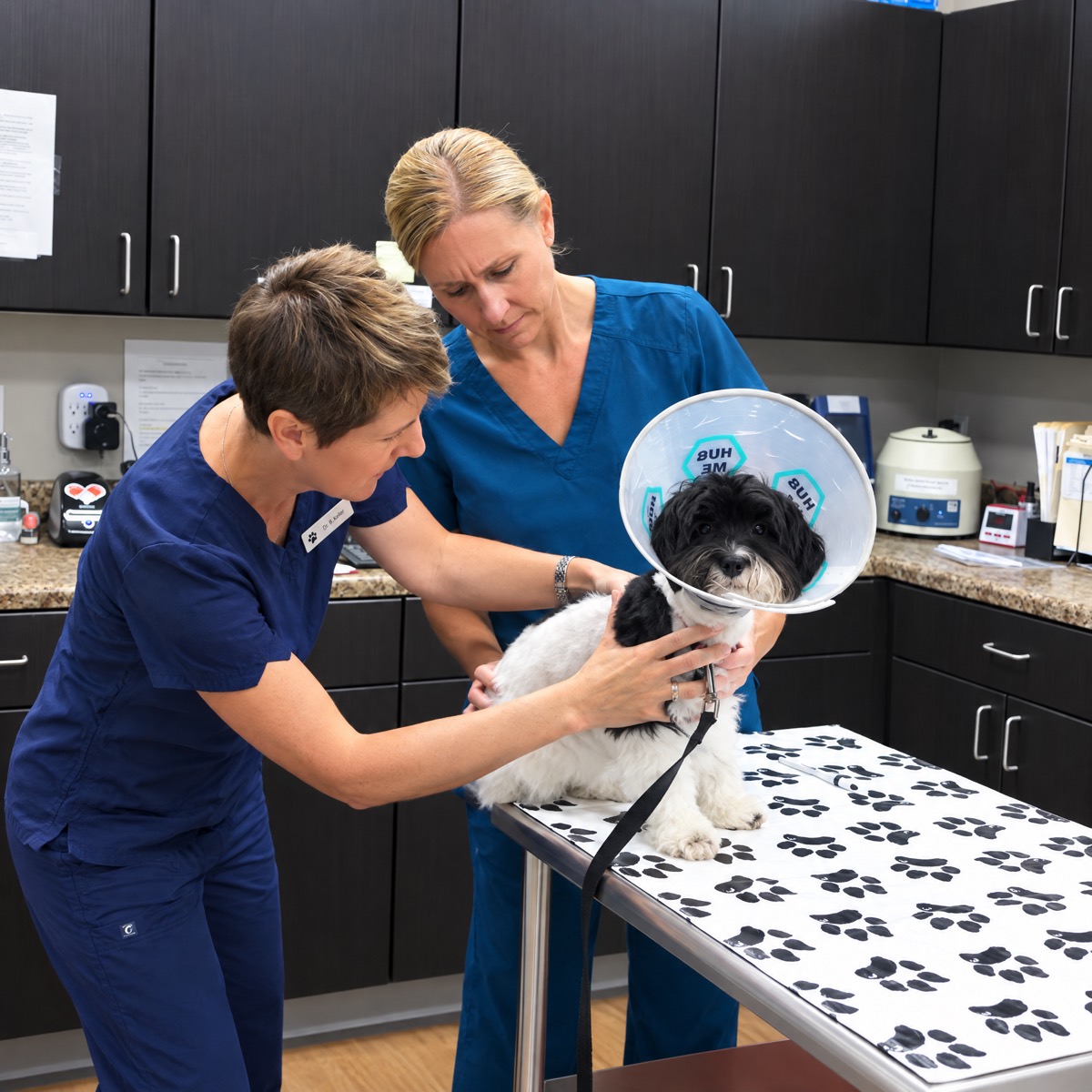 Two team members comforting a small dog wearing a recovery cone on a paw-print exam table